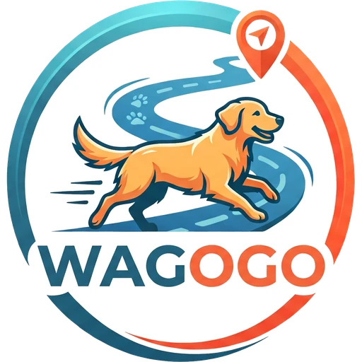 Wagogo emblem: a happy dog running along a winding trail inside a ring with a map pin