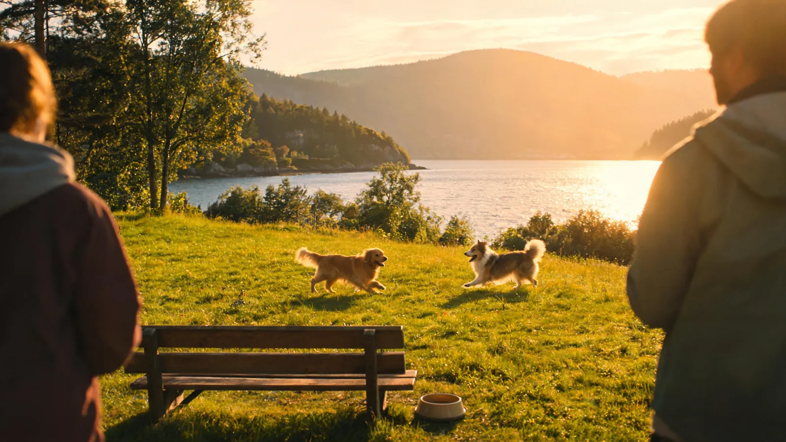 Two dogs playing on a meadow by a fjord